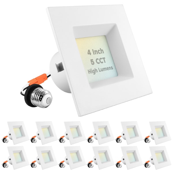 Luxrite 4 Inch Square LED Recessed Can Lights 5 CCT 2700K-5000K 14W (75W Equivalent) 950LM Dimmable 12-Pack LR23787-12PK - main